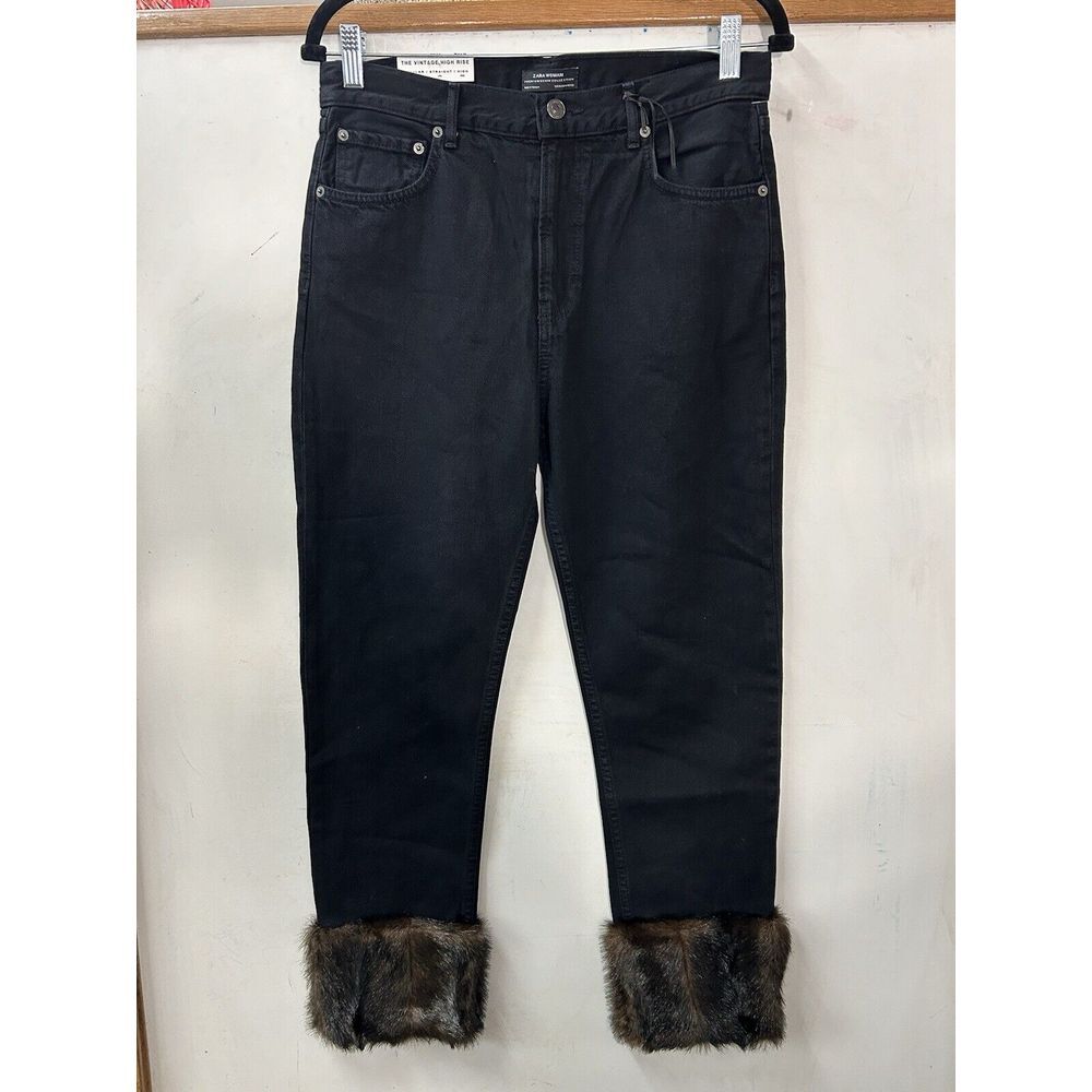 Zara‎ Premium Denim Faux Fur Cuff Jeans Vintage High Rise Black Size 36 MobWife